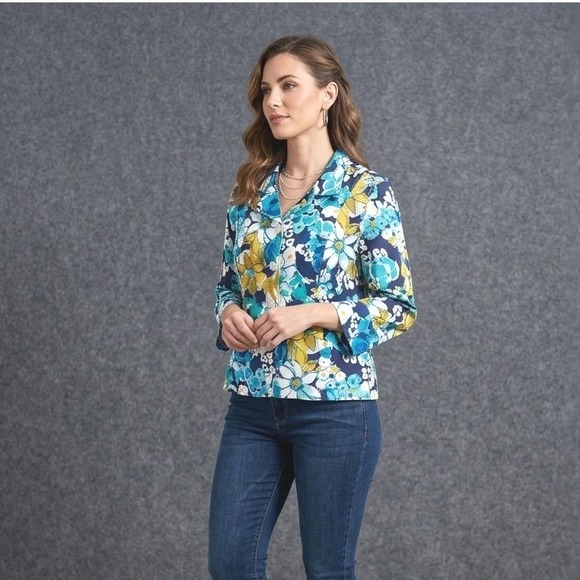 Christopher & Banks Jackets & Blazers - Christopher & Banks Womens Size Medium Floral Jacket Blue Yellow Buttons Stretch